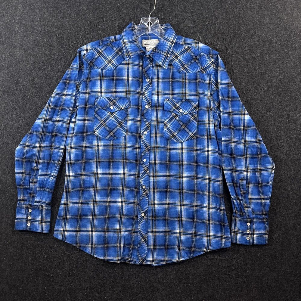 Wrangler Pearl Snap Shirt Men's Large Blue Plaid Western Cowboy Rodeo Pockets